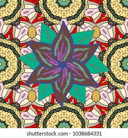 Vector nature seamless pattern with abstract ornament. Vector round mandala in childish style. Ornamental doodle green, yellow and neutral colors.