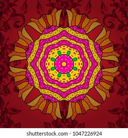 Vector nature seamless pattern with abstract ornament. Vector round mandala in childish style. Ornamental doodle red, yellow and magenta colors.