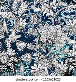 Vector nature seamless pattern with abstract ornament. Vector round mandala in childish style. Ornamental doodle white, black and blue colors.