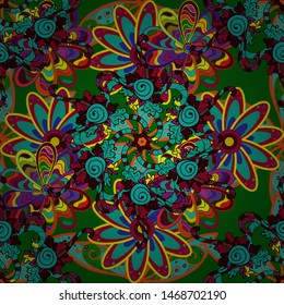 Vector nature seamless pattern with abstract ornament. Vector round mandala in childish style. Ornamental doodle green, red and blue colors.