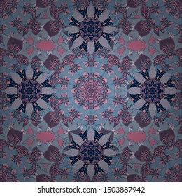Vector nature seamless pattern with abstract ornament. Ornamental doodle neutral, blue and gray colors. Vector round mandala in childish style.
