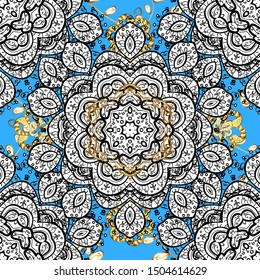 Vector nature seamless pattern with abstract ornament. Ornamental doodle blue, white and black colors. Vector round mandala in childish style.