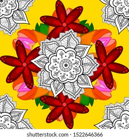 Vector nature seamless pattern with abstract ornament. Ornamental doodle white, red and yellow colors. Vector round mandala in childish style.