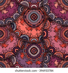 Vector nature seamless pattern with abstract flowers. Vector round mandala in childish style. Ornamental doodle background.