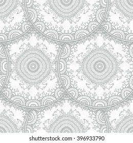Vector nature seamless pattern with abstract flowers. Vector round mandala in childish style. Ornamental doodle background.