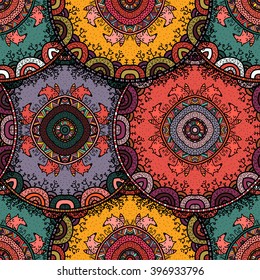Vector nature seamless pattern with abstract flowers. Vector round mandala in childish style. Ornamental doodle background.