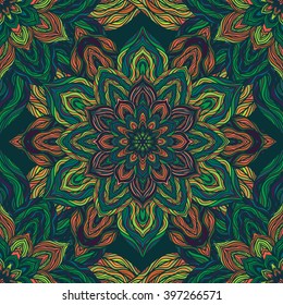 Vector nature seamless pattern with abstract flowers. Vector round mandala in childish style. Ornamental doodle background.