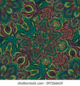 Vector nature seamless pattern with abstract flowers. Vector round mandala in childish style. Ornamental doodle background.