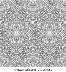 Vector nature seamless pattern with abstract flowers. Vector round mandala in childish style. Ornamental doodle background.