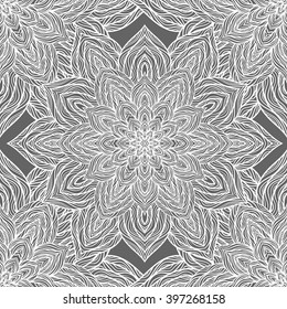 Vector nature seamless pattern with abstract flowers. Vector round mandala in childish style. Ornamental doodle background.