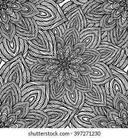 Vector nature seamless pattern with abstract flowers. Vector round mandala in childish style. Ornamental doodle background.