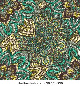 Vector nature seamless pattern with abstract flowers. Vector round mandala in childish style. Ornamental doodle background.
