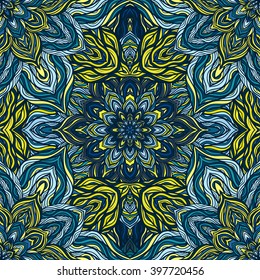 Vector nature seamless pattern with abstract flowers. Vector round mandala in childish style. Ornamental doodle background.