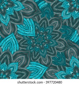 Vector nature seamless pattern with abstract flowers. Vector round mandala in childish style. Ornamental doodle background.