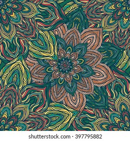 Vector nature seamless pattern with abstract flowers. Vector round mandala in childish style. Ornamental doodle background.