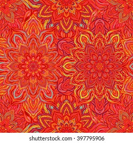 Vector nature seamless pattern with abstract flowers. Vector round mandala in childish style. Ornamental doodle background.