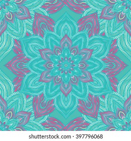 Vector nature seamless pattern with abstract flowers. Vector round mandala in childish style. Ornamental doodle background.