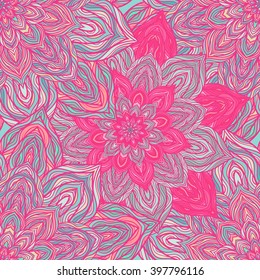 Vector nature seamless pattern with abstract flowers. Vector round mandala in childish style. Ornamental doodle background.