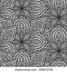 Vector nature seamless pattern with abstract flowers. Vector round mandala in childish style. Ornamental doodle background.
