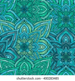 Vector nature seamless pattern with abstract flowers. Vector round mandala in childish style. Ornamental doodle background.