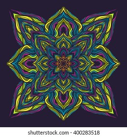 Vector nature seamless pattern with abstract flowers. Vector round mandala in childish style. Ornamental doodle background.