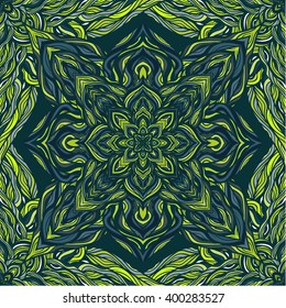 Vector nature seamless pattern with abstract flowers. Vector round mandala in childish style. Ornamental doodle background.