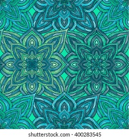 Vector nature seamless pattern with abstract flowers. Vector round mandala in childish style. Ornamental doodle background.