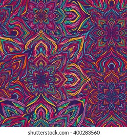Vector nature seamless pattern with abstract flowers. Vector round mandala in childish style. Ornamental doodle background.