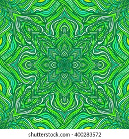 Vector nature seamless pattern with abstract flowers. Vector round mandala in childish style. Ornamental doodle background.