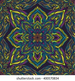 Vector nature seamless pattern with abstract flowers. Vector round mandala in childish style. Ornamental doodle background.