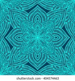 Vector nature seamless pattern with abstract flowers. Vector round mandala in childish style. Ornamental doodle background.