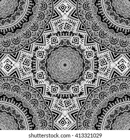 Vector nature seamless pattern with abstract ornament. Vector round mandala in childish style. Ornamental doodle background.