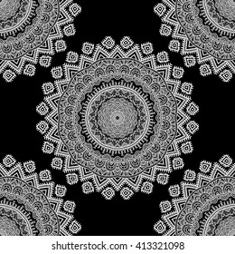 Vector nature seamless pattern with abstract ornament. Vector round mandala in childish style. Ornamental doodle background.