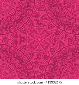 Vector nature seamless pattern with abstract ornament. Vector round mandala in childish style. Ornamental doodle background.