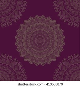 Vector nature seamless pattern with abstract ornament. Vector round mandala in childish style. Ornamental doodle background.
