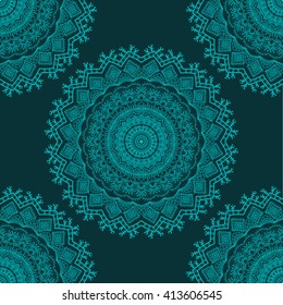 Vector nature seamless pattern with abstract ornament. Vector round mandala in childish style. Ornamental doodle background.