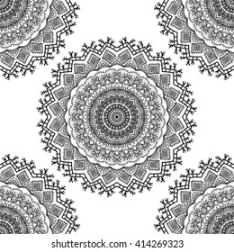 Vector nature seamless pattern with abstract ornament. Vector round mandala in childish style. Ornamental doodle background.