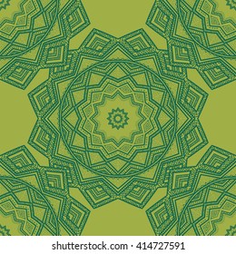Vector nature seamless pattern with abstract ornaments. Vector round mandala in childish style. Ornamental doodle background.