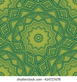 Vector nature seamless pattern with abstract ornament. Vector round mandala in childish style. Ornamental doodle background.