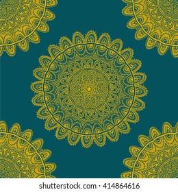 Vector nature seamless pattern with abstract ornament. Vector round mandala in childish style. Ornamental doodle background.