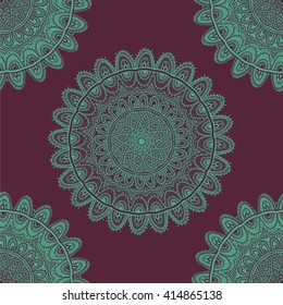 Vector nature seamless pattern with abstract ornament. Vector round mandala in childish style. Ornamental doodle background.