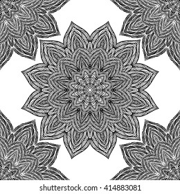 Vector nature seamless pattern with abstract flowers. Vector round mandala in childish style. Ornamental doodle background.