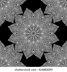 Vector nature seamless pattern with abstract flowers. Vector round mandala in childish style. Ornamental doodle background.