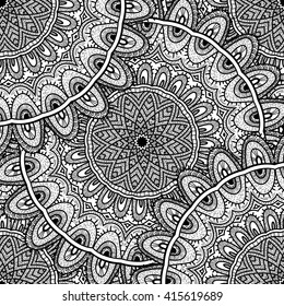 Vector nature seamless pattern with abstract ornament. Vector round mandala in childish style. Ornamental doodle background.