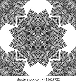 Vector nature seamless pattern with abstract flowers. Vector round mandala in childish style. Ornamental doodle background.