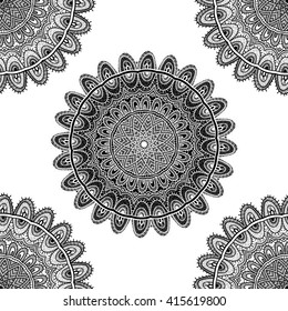 Vector nature seamless pattern with abstract ornament. Vector round mandala in childish style. Ornamental doodle background.