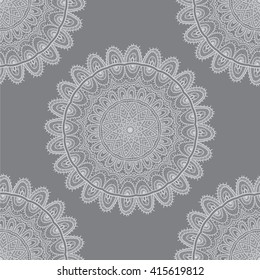 Vector nature seamless pattern with abstract ornament. Vector round mandala in childish style. Ornamental doodle background.