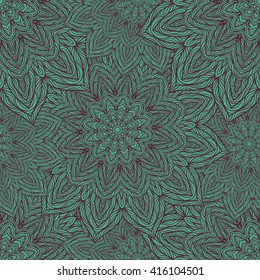 Vector nature seamless pattern with abstract flowers. Vector round mandala in childish style. Ornamental doodle background.