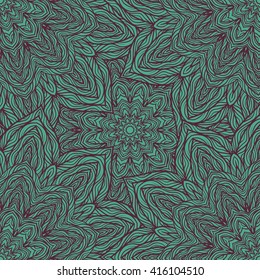 Vector nature seamless pattern with abstract flowers. Vector round mandala in childish style. Ornamental doodle background.