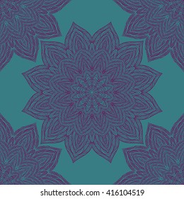 Vector nature seamless pattern with abstract flowers. Vector round mandala in childish style. Ornamental doodle background.
